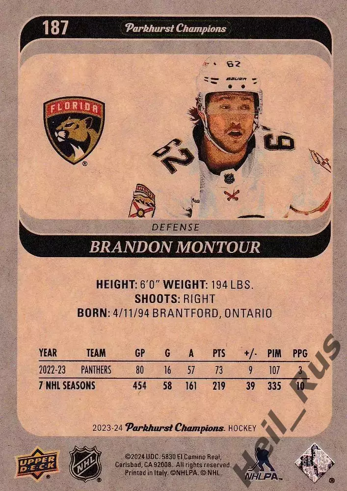 Карточка Brandon Montour/Брэндон Монтур Florida Panthers/Флорида Пантерз НХЛ/NHL 1