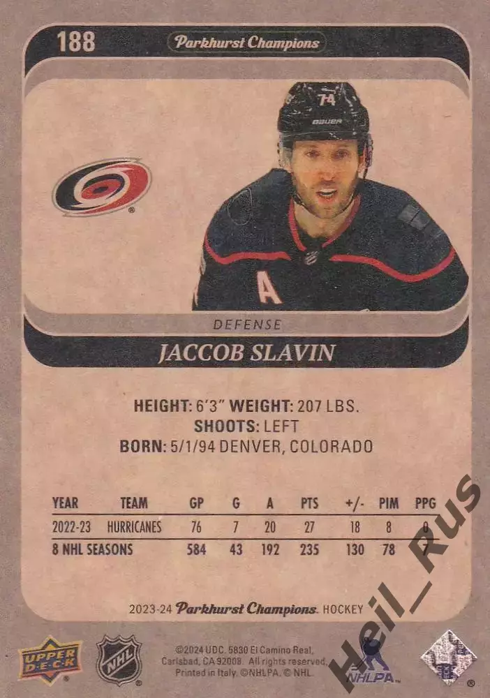 Карточка Jaccob Slavin/Джейккоб Слэвин (Carolina Hurricanes/Каролина) NHL/НХЛ 1