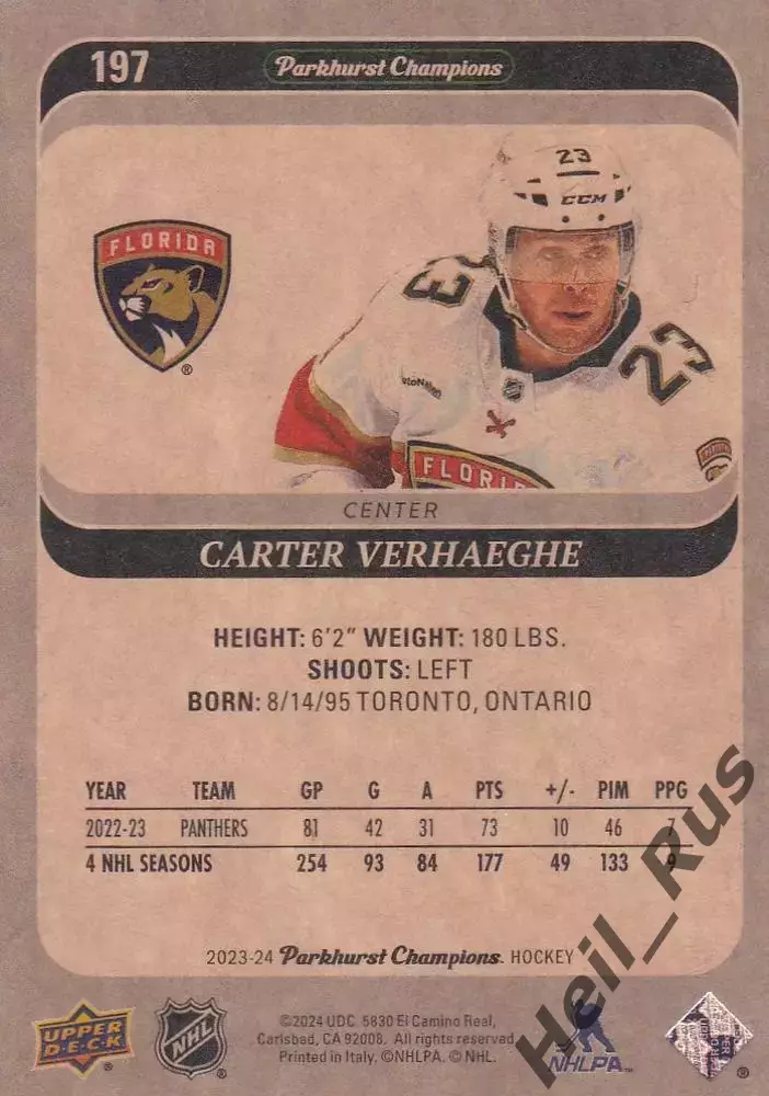 Карточка C. Verhaeghe/Картер Верхэге (Florida Panthers/Флорида Пантерз) НХЛ/NHL 1