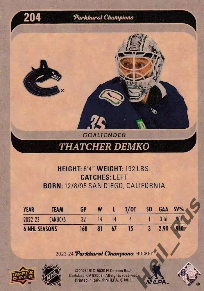 Карточка Thatcher Demko/Тэтчер Демко (Vancouver Canucks/Ванкувер Кэнакс) NHL-НХЛ 1
