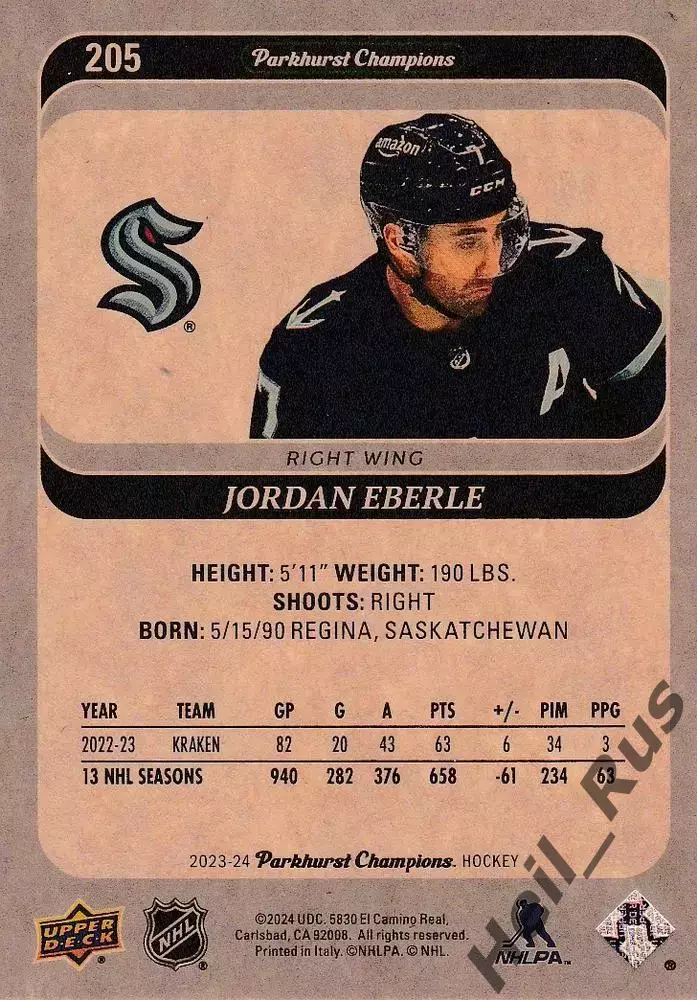 Хоккей Карточка Jordan Eberle/Джордан Эберле Seattle Kraken/Сиэтл Кракен НХЛ-NHL 1