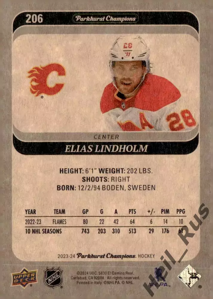 Карточка Elias Lindholm/Элиас Линдхольм (Calgary Flames/Калгари Флэймз) НХЛ NHL 1