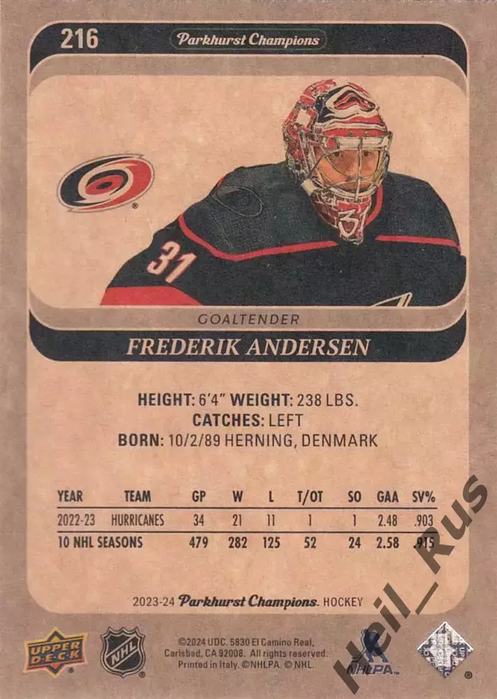 Хоккей Карточка Andersen/Фредерик Андерсен Carolina Hurricanes/Каролина НХЛ/NHL 1