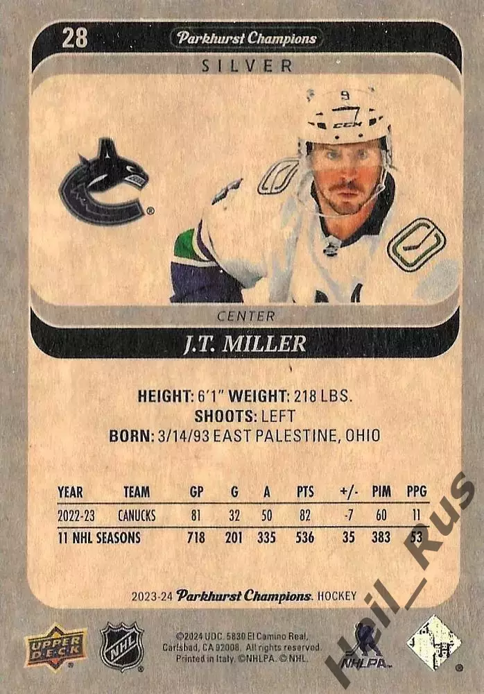 Карточка J.T. Miller/Джей Ти Миллер (Vancouver Canucks/Ванкувер Кэнакс) NHL НХЛ 1
