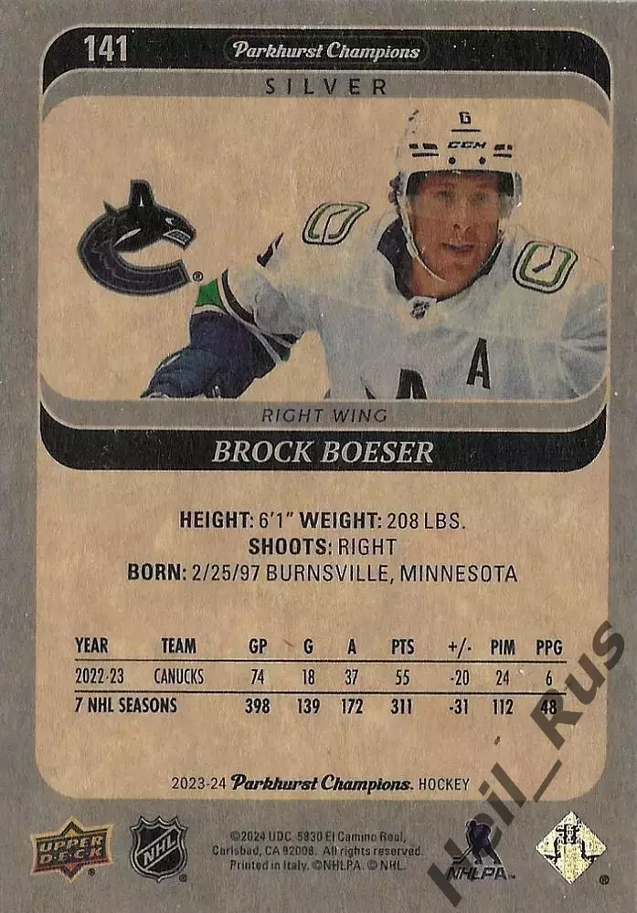 Карточка Brock Boeser/Брок Бесер (Vancouver Canucks/Ванкувер Кэнакс) НХЛ / NHL 1