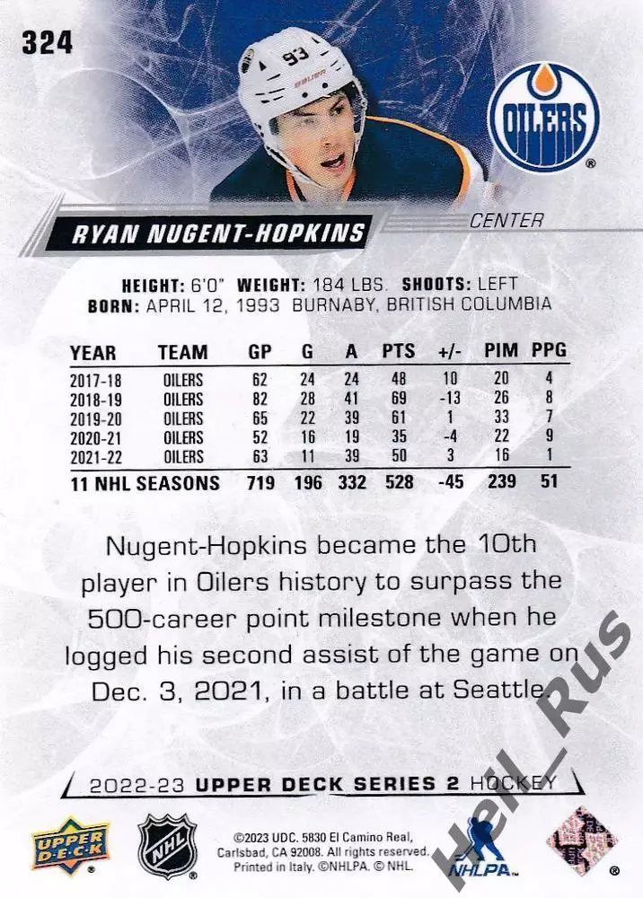 Хоккей; Карточка Райан Нюджент-Хопкинс (Edmonton Oilers/Эдмонтон Ойлерз) NHL/НХЛ 1