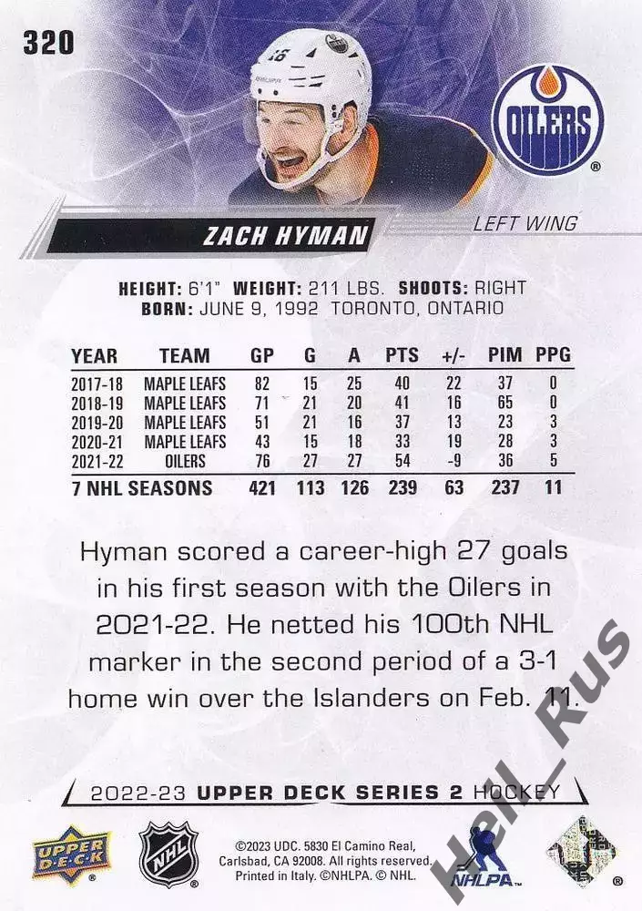 Хоккей Карточка Zach Hyman/Зак Хайман (Edmonton Oilers/Эдмонтон Ойлерз) NHL/НХЛ 1