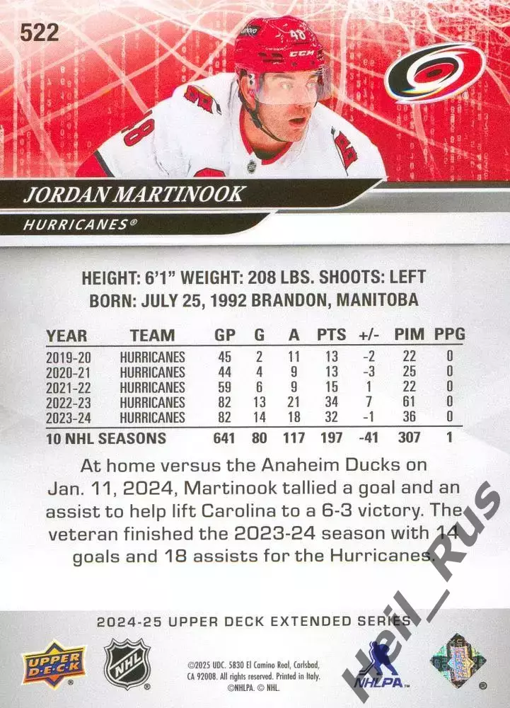 Карточка Jordan Martinook/Джордан Мартинук Carolina Hurricanes/Каролина НХЛ/NHL 1
