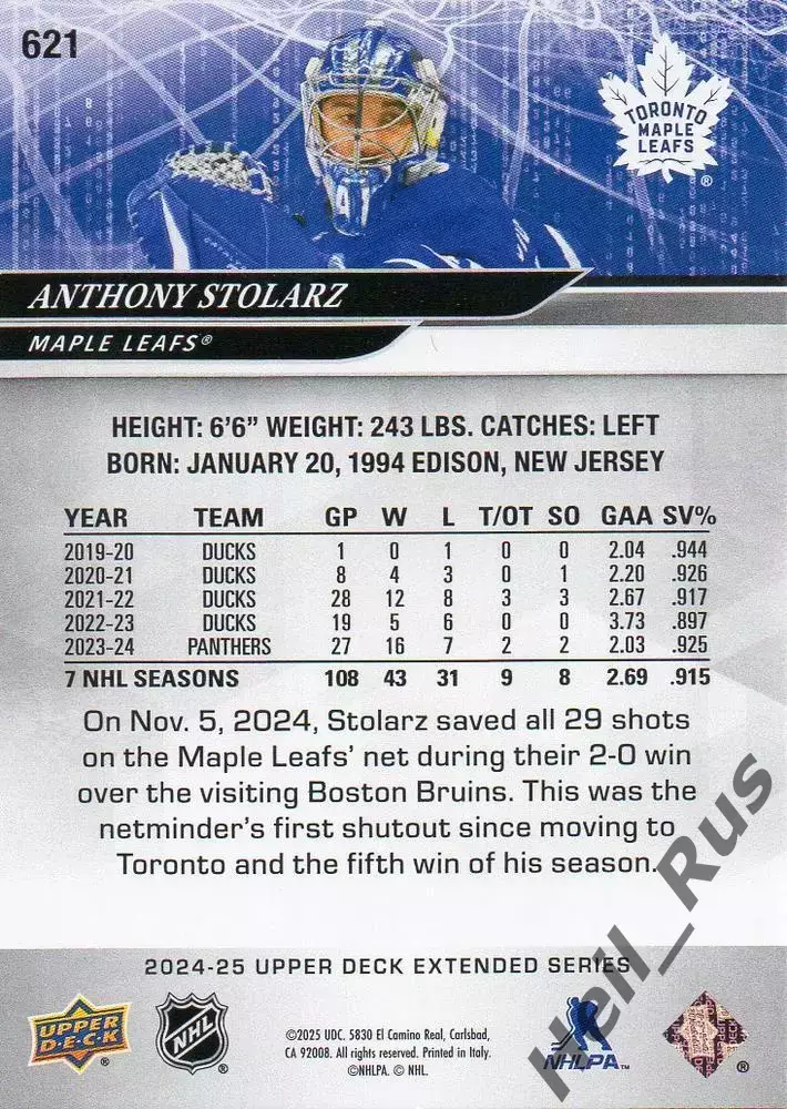 Карточка Anthony Stolarz/Энтони Столарц (Toronto Maple Leafs/Торонто) НХЛ/NHL 1