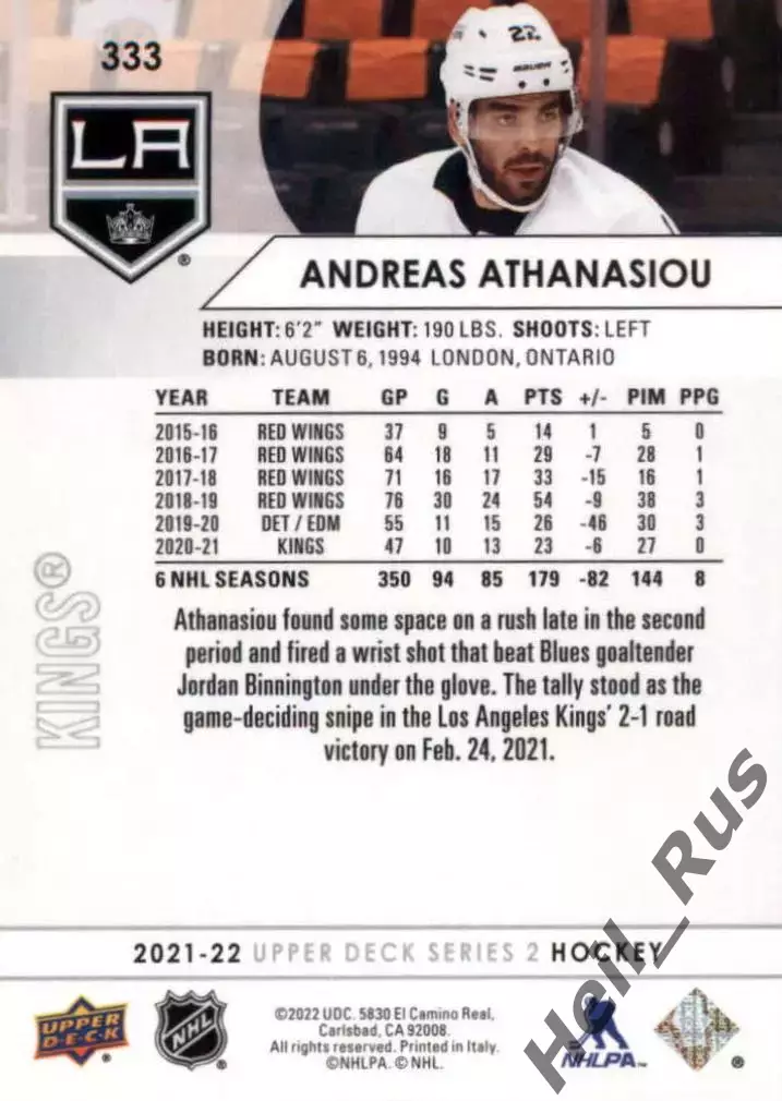 Хоккей. Карточка Андреас Атанасиу (Los Angeles Kings/Лос-Анджелес Кингз) НХЛ/NHL 1