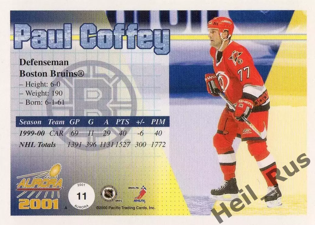 Хоккей. Карточка Paul Coffey/Пол Коффи Каролина Харрикейнз/Бостон Брюинз НХЛ/NHL 1