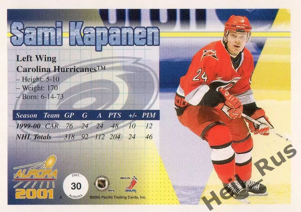 Хоккей. Карточка Sami Kapanen/Сами Капанен Carolina Hurricanes/Каролина НХЛ/NHL 1
