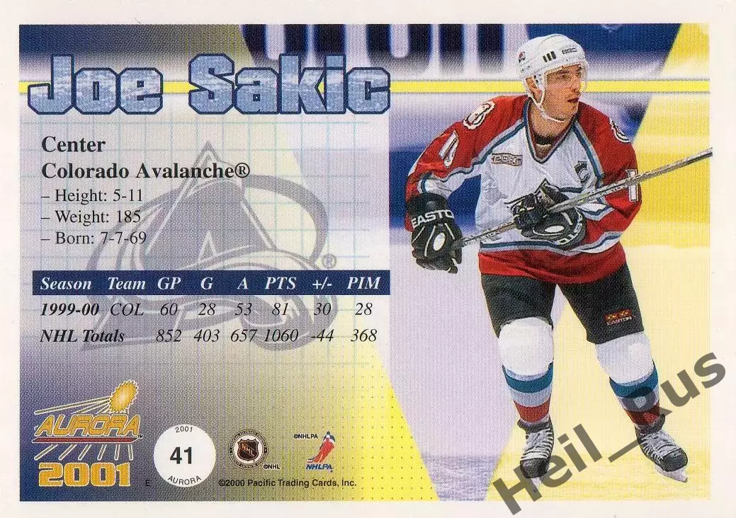 Хоккей. Карточка Joe Sakic/Джо Сакик Colorado Avalanche/Колорадо Эвеланш NHL/НХЛ 1