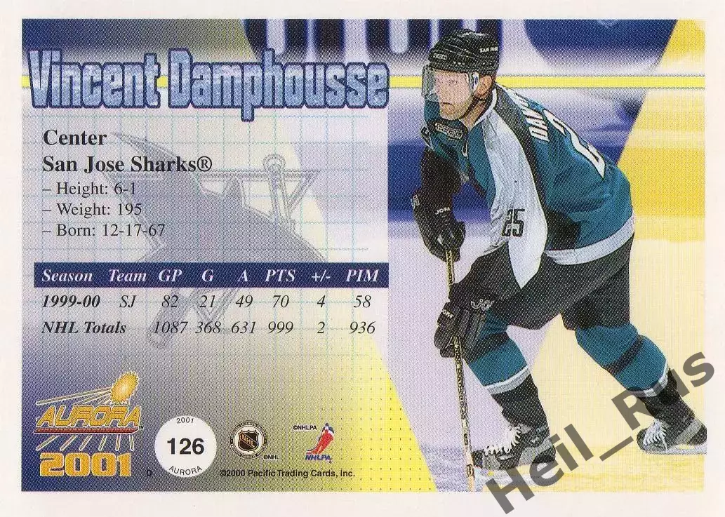 Хоккей Карточка Damphousse/Венсан Дамфусс San Jose Sharks/Сан-Хосе Шаркс НХЛ/NHL 1