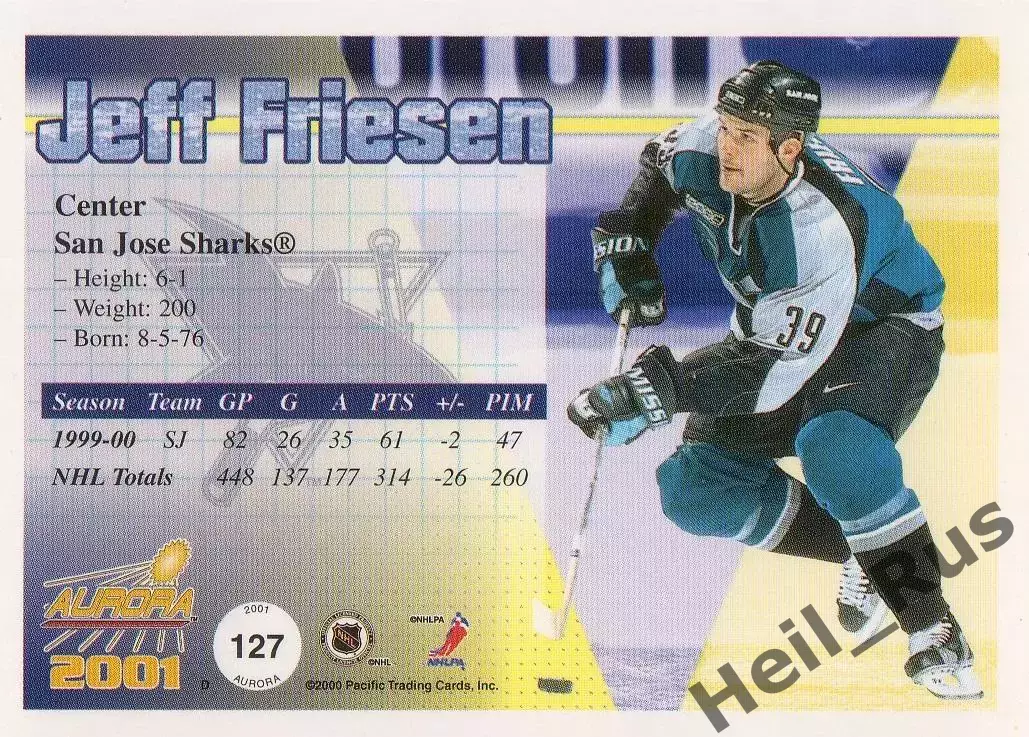Хоккей Карточка Jeff Friesen/Джефф Фризен San Jose Sharks/Сан-Хосе Шаркс NHL/НХЛ 1