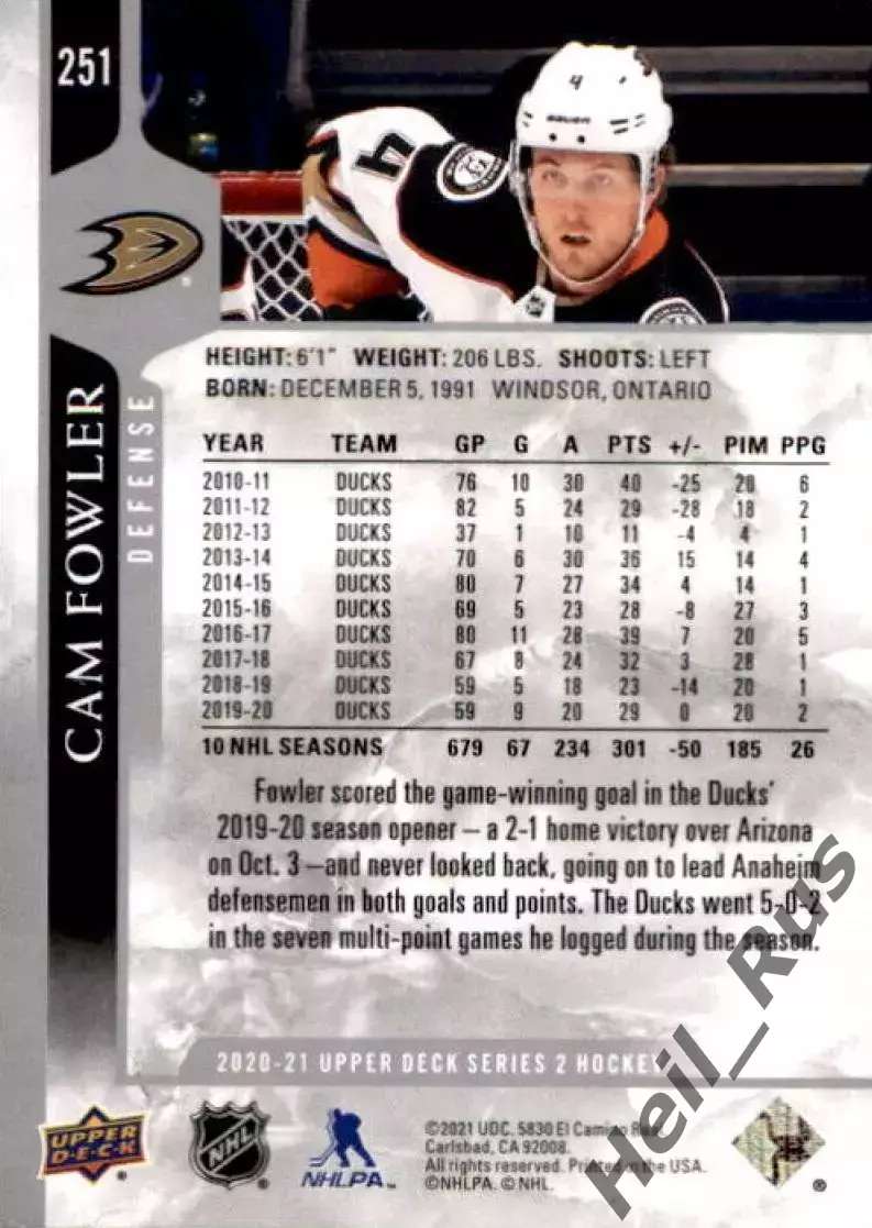 Хоккей. Карточка Cam Fowler / Кэм Фаулер (Anaheim Ducks/Анахайм Дакс) НХЛ / NHL 1