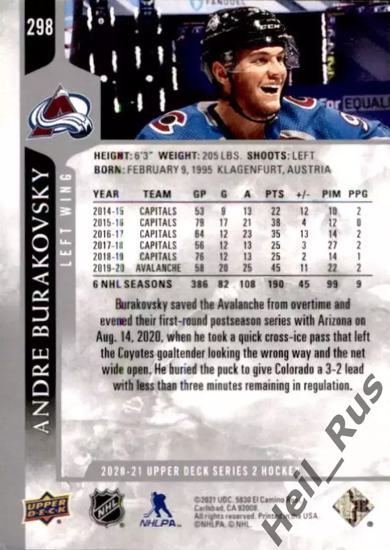 Карточка Burakovsky/Андре Бураковски Colorado Avalanche/Колорадо Эвеланш НХЛ/NHL 1