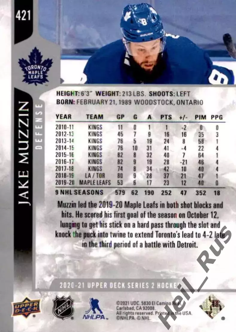 Карточка Jake Muzzin/Джейк Маззин Toronto Maple Leafs/Торонто Мейпл Лифс NHL/НХЛ 1