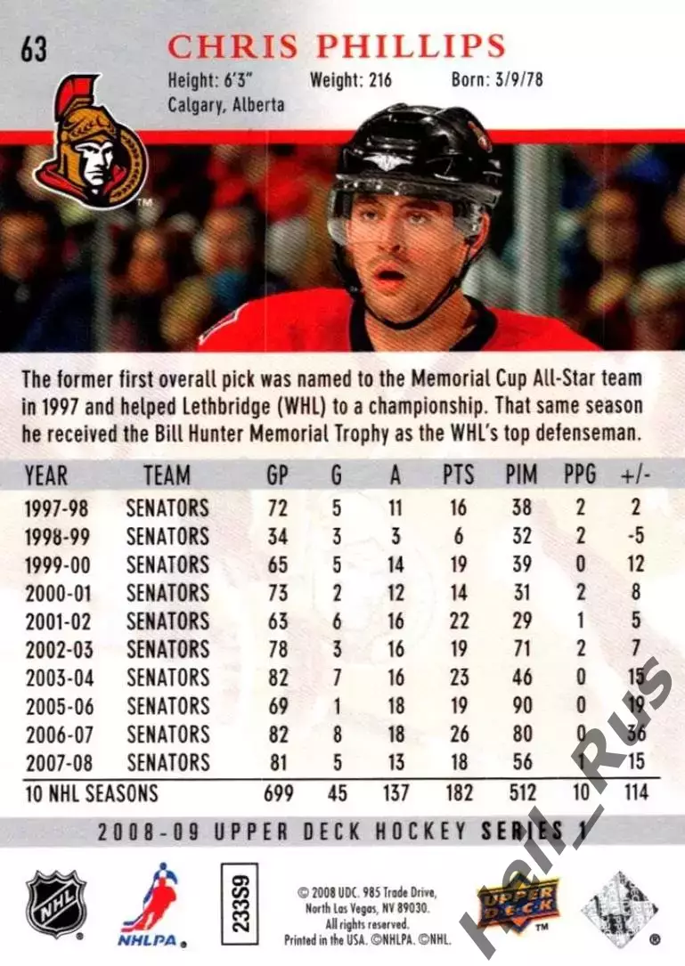 Карточка Chris Phillips/Крис Филлипс (Ottawa Senators/Оттава Сенаторз) НХЛ/NHL 1