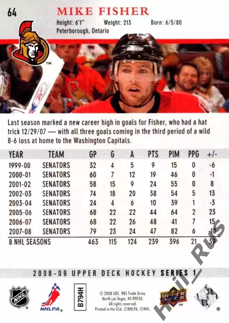 Хоккей. Карточка Mike Fisher/Майк Фишер Ottawa Senators/Оттава Сенаторз НХЛ/NHL 1
