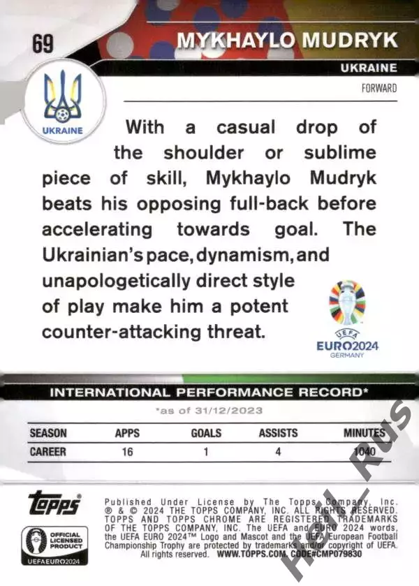Футбол. Карточка Михаил Мудрик Украина, Челси/Шахтер Донецк/Десна Euro/Евро 2024 1