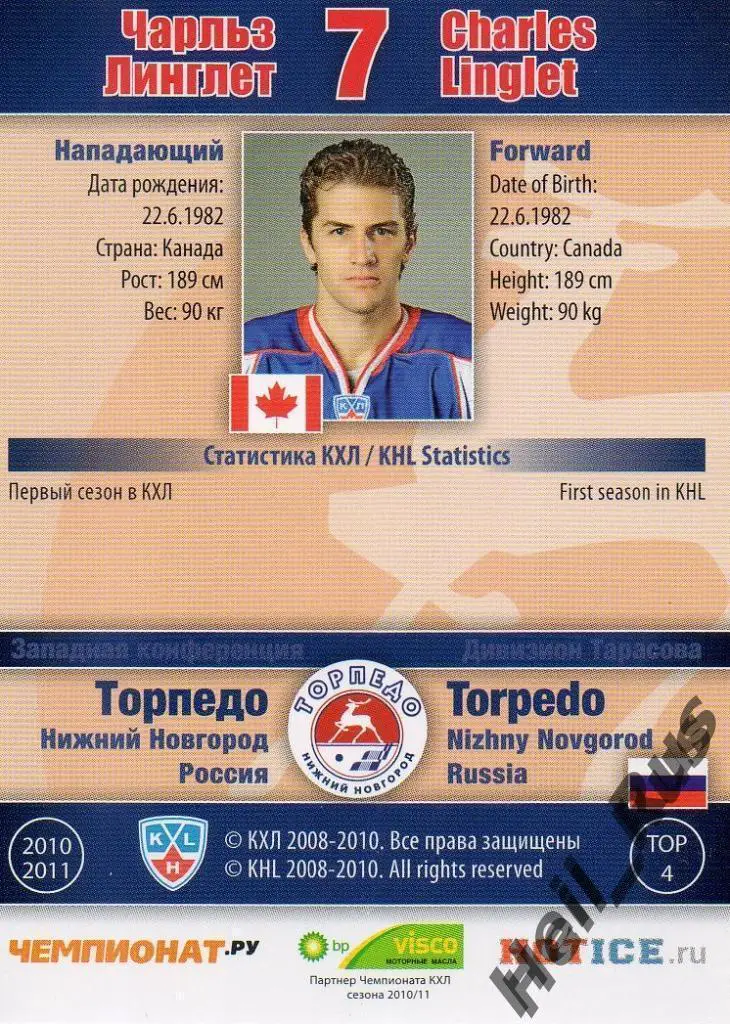 Хоккей. Карточка Чарльз Линглет (Торпедо Нижний Новгород) КХЛ/KHL 2010/11 SeReal 1