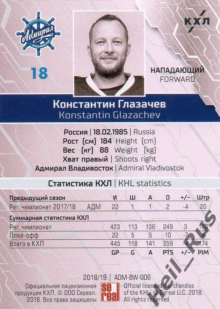 Хоккей Карточка Константин Глазачев Адмирал Владивосток КХЛ сезон 2018/19 SeReal 1