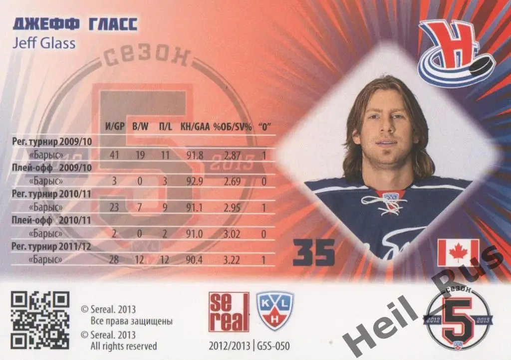 Хоккей. Карточка Джефф Гласс (Сибирь Новосибирск) КХЛ/KHL сезон 2012/13 SeReal 1