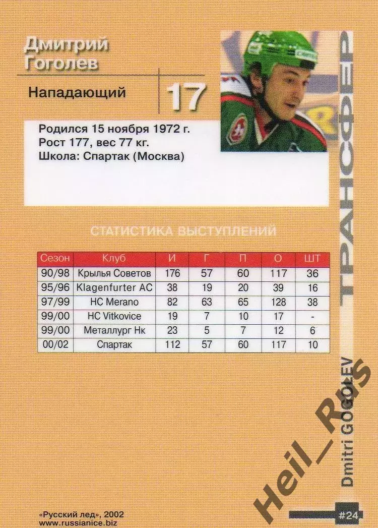 Хоккей. Карточка Дмитрий Гоголев (Ак Барс Казань) Русский Лед сезон 2002-2003 1
