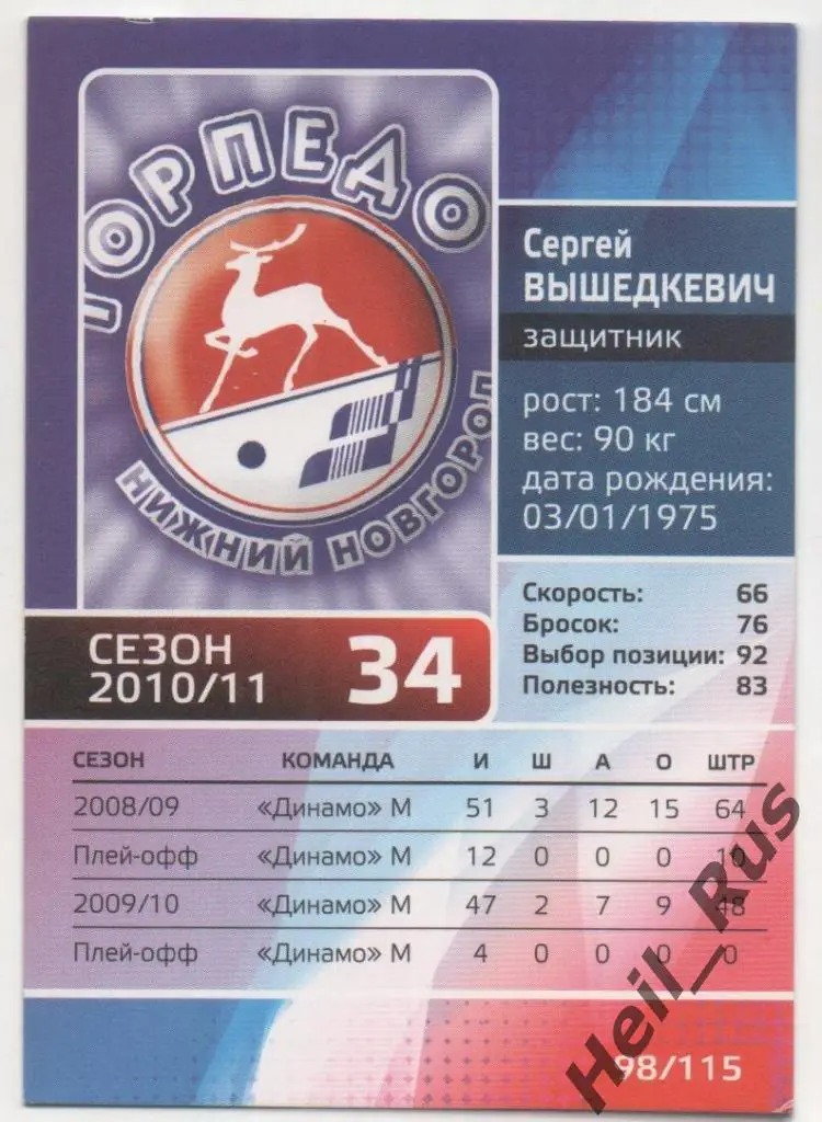Хоккей. Карточка Сергей Вышедкевич (Торпедо Нижний Новгород) КХЛ сезон 2010/11 1