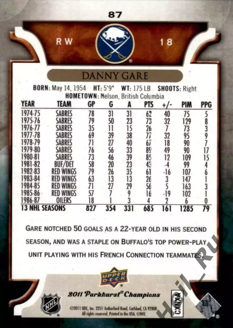 Хоккей. Карточка Danny Gare/Дэнни Гар (Buffalo Sabres/Баффало Сейбрз) NHL/НХЛ 1