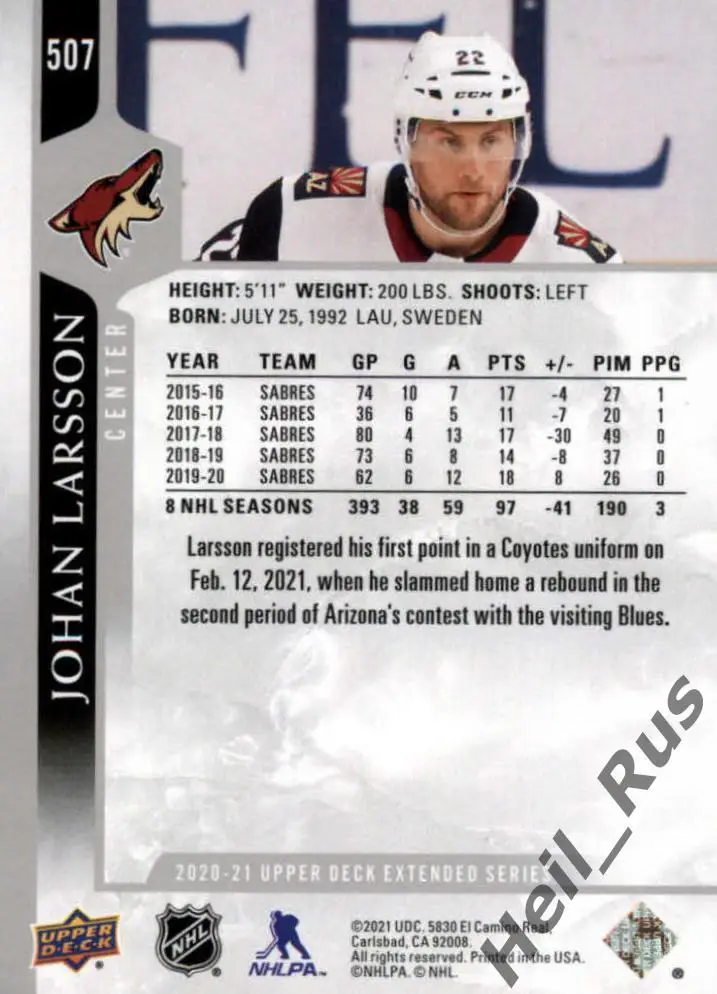 Хоккей. Карточка Johan Larsson/Юхан Ларссон (Arizona Coyotes/Аризона) НХЛ/NHL 1