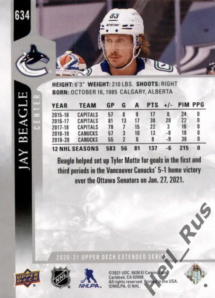 Хоккей Карточка Jay Beagle/Джей Бигл (Vancouver Canucks/Ванкувер Кэнакс) НХЛ/NHL 1