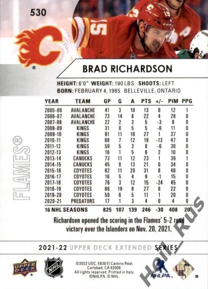 Хоккей. Карточка Brad Richardson/Брэд Ричардсон (Calgary Flames/Калгари) НХЛ/NHL 1