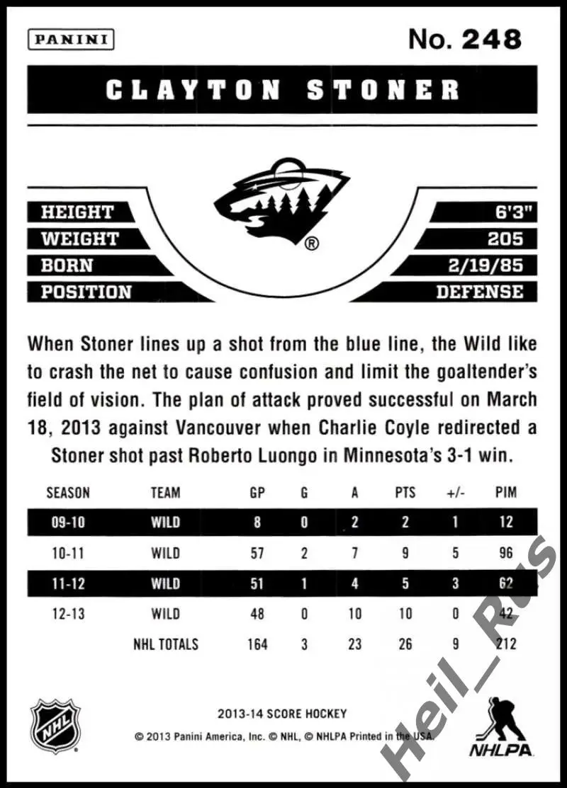 Хоккей. Карточка Clayton Stoner/Клэйтон Стоунер Minnesota Wild/Миннесота НХЛ/NHL 1
