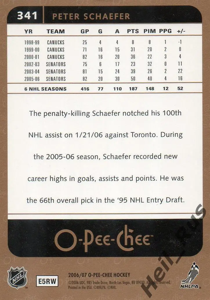 Хоккей. Карточка Peter Schaefer/Питер Шефер (Ottawa Senators/Оттава) НХЛ/NHL 1