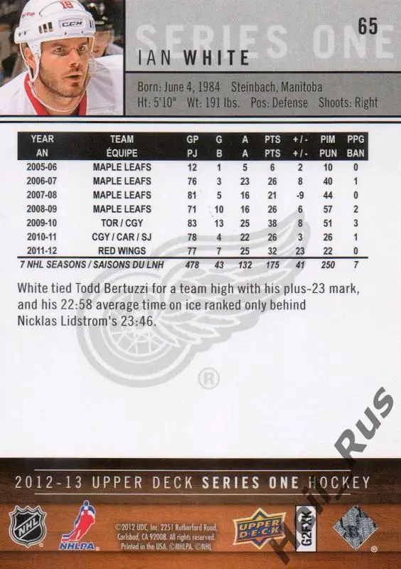 Хоккей Карточка Ian White/Иэн Уайт Detroit Red Wings/Детройт Трактор НХЛ/NHL/КХЛ 1