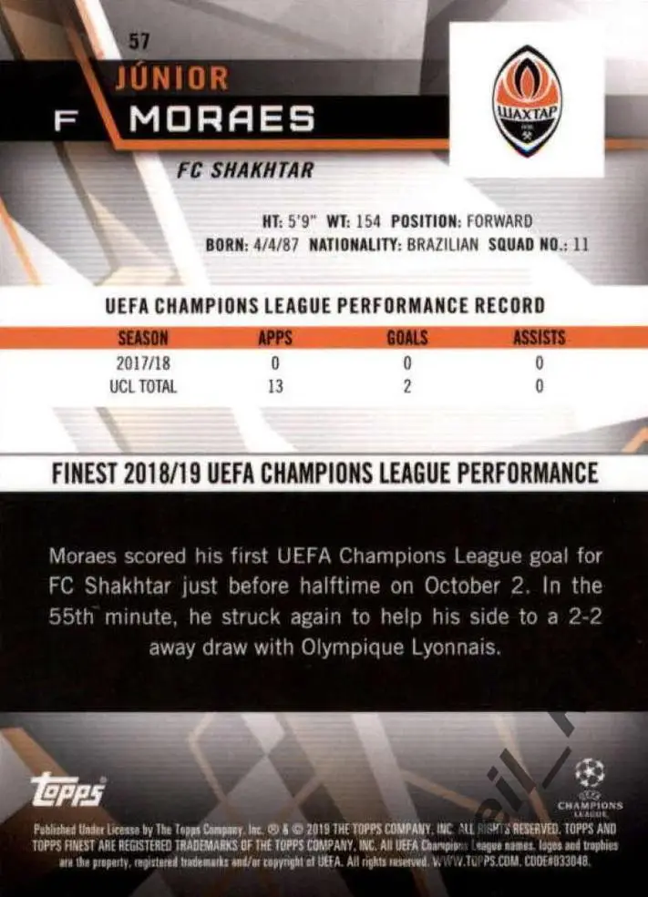 Футбол. Карточка Жуниор Мораес Шахтер Донецк, Динамо Киев Лига Чемпионов 2018/19 1