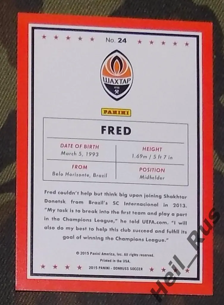 Футбол. Карточка Fred/Фред (Шахтер Донецк, Манчестер Юнайтед) 2015 PANINI/ПАНИНИ 1