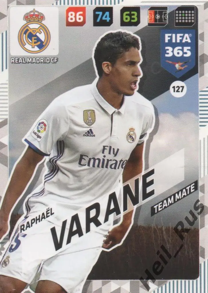 Футбол Карточка Raphael Varane/Рафаэль Варан (Реал Мадрид) Panini/Панини 2017-18