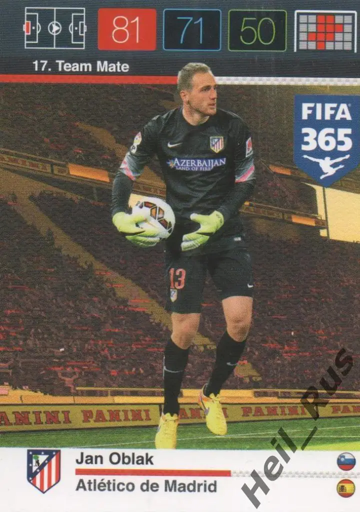 Футбол. Карточка Jan Oblak / Ян Облак (Атлетико Мадрид) Panini/Панини 2015-16