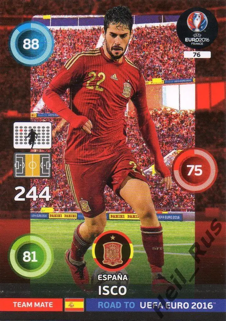 Футбол. Карточка Isco/Иско (Испания, Реал Мадрид) Euro/Евро 2016 Panini/Панини