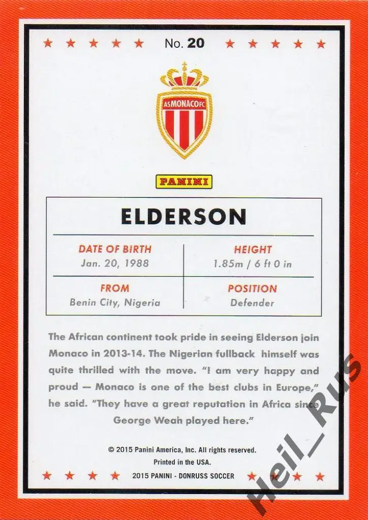 Футбол. Карточка Elderson/Ува Элдерсон Эчиеджиле (Monaco/Монако) Panini 2015 1