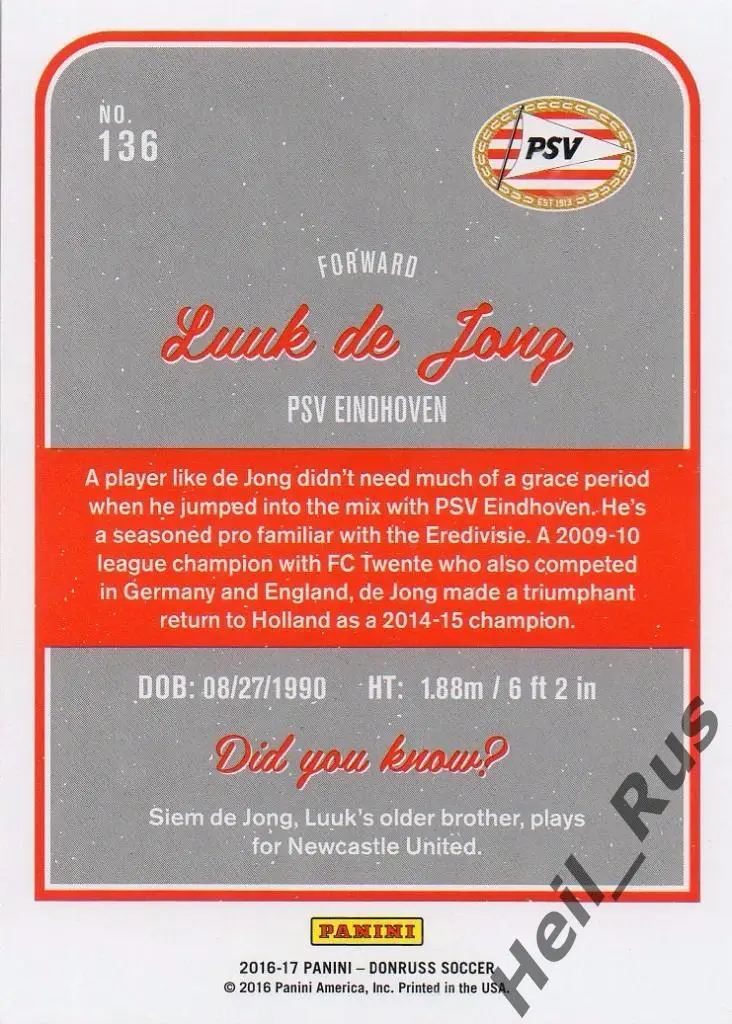 Футбол. Карточка Luuk de Jong/Люк де Йонг (PSV/ПСВ) Panini/Панини 2016-17 1