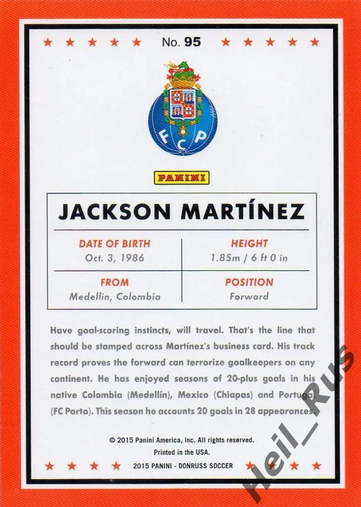 Футбол. Карточка Jackson Martinez/Джексон Мартинес (FC Porto/Порту) Panini 2015 1
