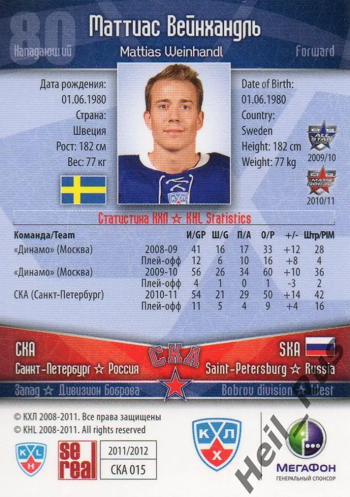 Хоккей. Карточка Маттиас Вейнхандль (СКА Санкт-Петербург) КХЛ/KHL 2011/12 SeReal 1