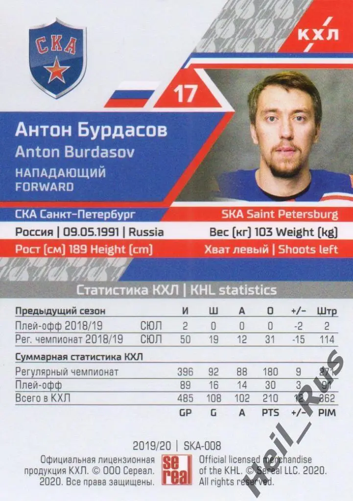 Хоккей. Карточка Антон Бурдасов (СКА Санкт-Петербург) КХЛ сезон 2019/20 SeReal 1
