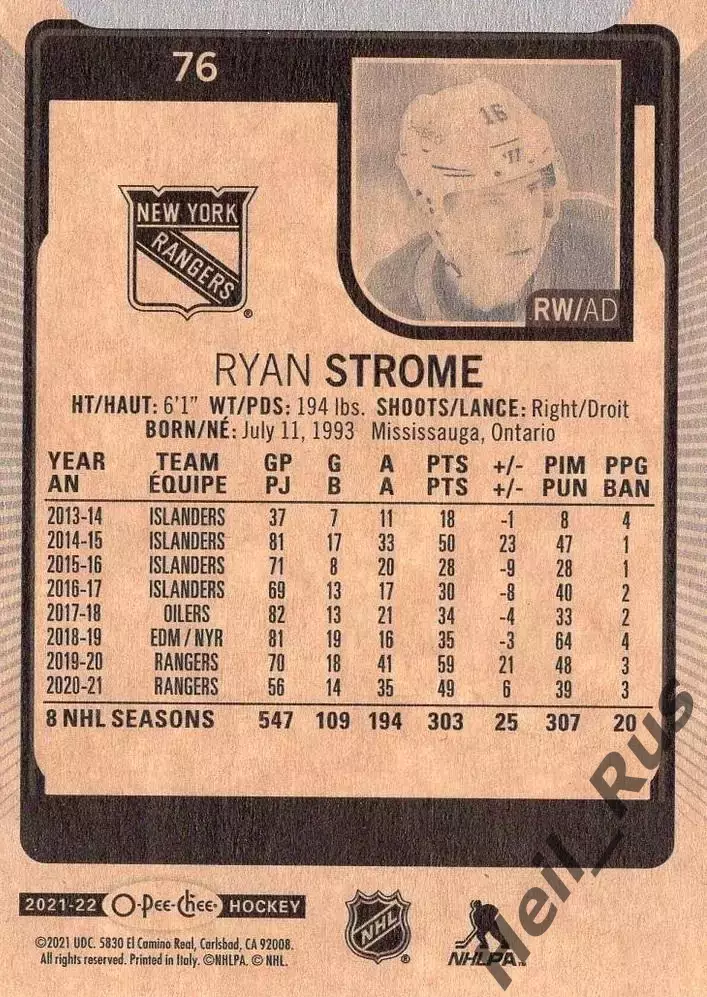 Карточка Ryan Strome/Райан Строум (New York Rangers/Нью-Йорк Рейнджерс) NHL-НХЛ 1