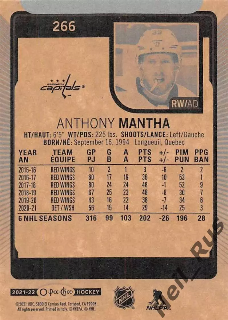 Карточка Anthony Mantha / Энтони Манта (Washington Capitals / Вашингтон) НХЛ/NHL 1