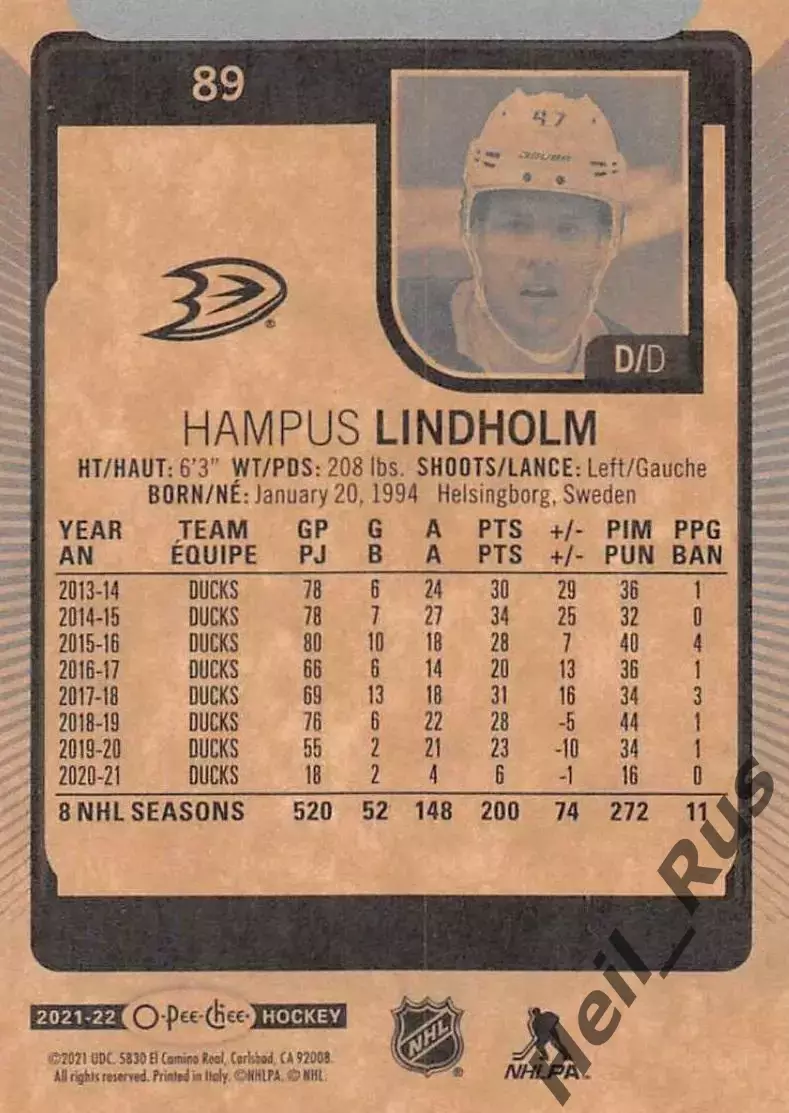 Хоккей Карточка Hampus Lindholm/Хампус Линдхольм (Anaheim Ducks/Анахайм) НХЛ/NHL 1